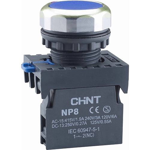 Кнопка упр. NP8-11BND/6 подсветка, самовозв, синий, AC110-230В(LED), 1НО+1НЗ, IP65 (R) купить в интернет-магазине